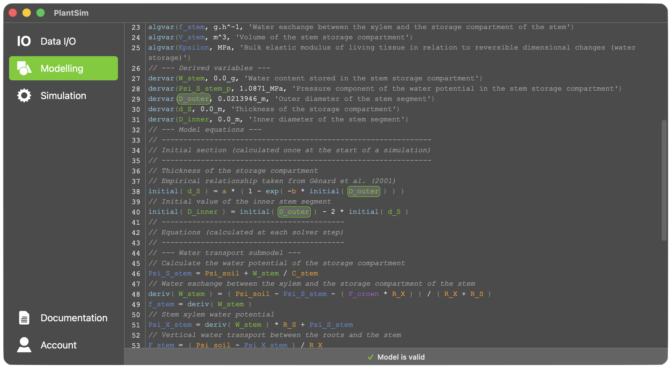 Model Editor — syntax-highlighted model code with real-time validation